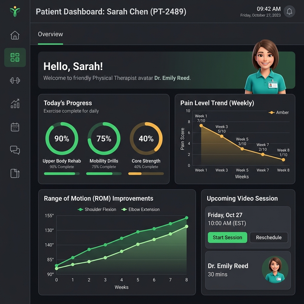 ReachPT patient dashboard showing exercise progress, pain scores, and PT messages
